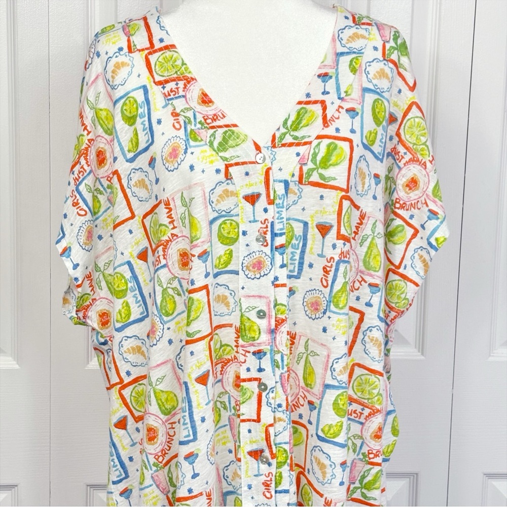 NWT Cynthia Rowley Linen Girls Just Wanna Have Brunch Cocktail Print Top 3X